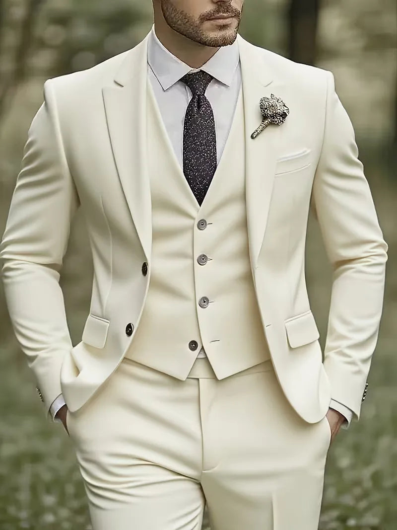 Notch-Lapel Three-Piece Suit with Pointed Waistcoat - Beige