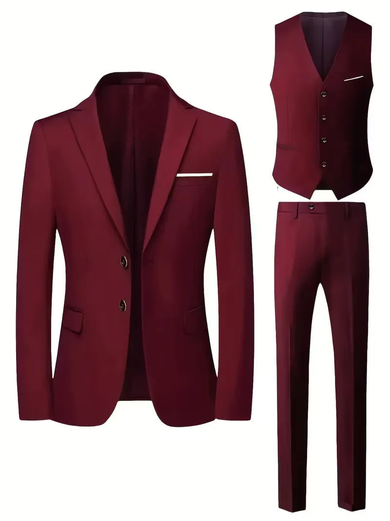 Notch-Lapel Three-Piece Suit with Pointed Waistcoat - Burgundy