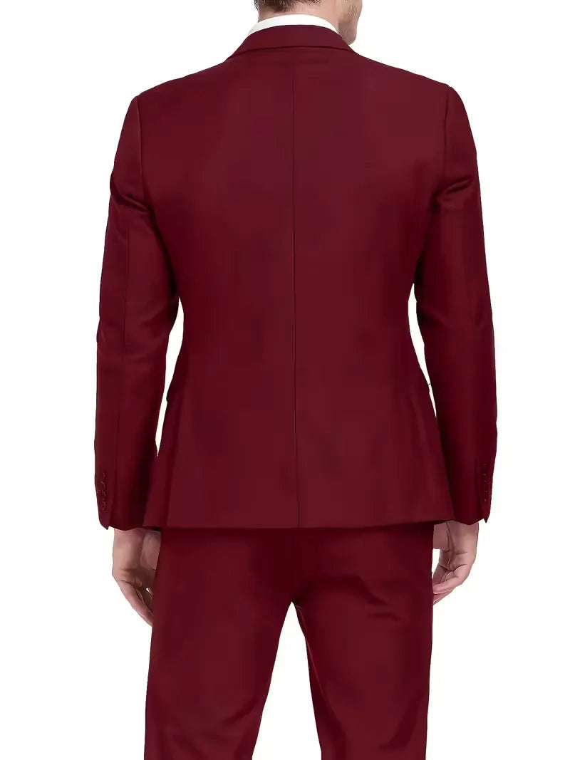 Notch-Lapel Three-Piece Suit with Pointed Waistcoat - Burgundy