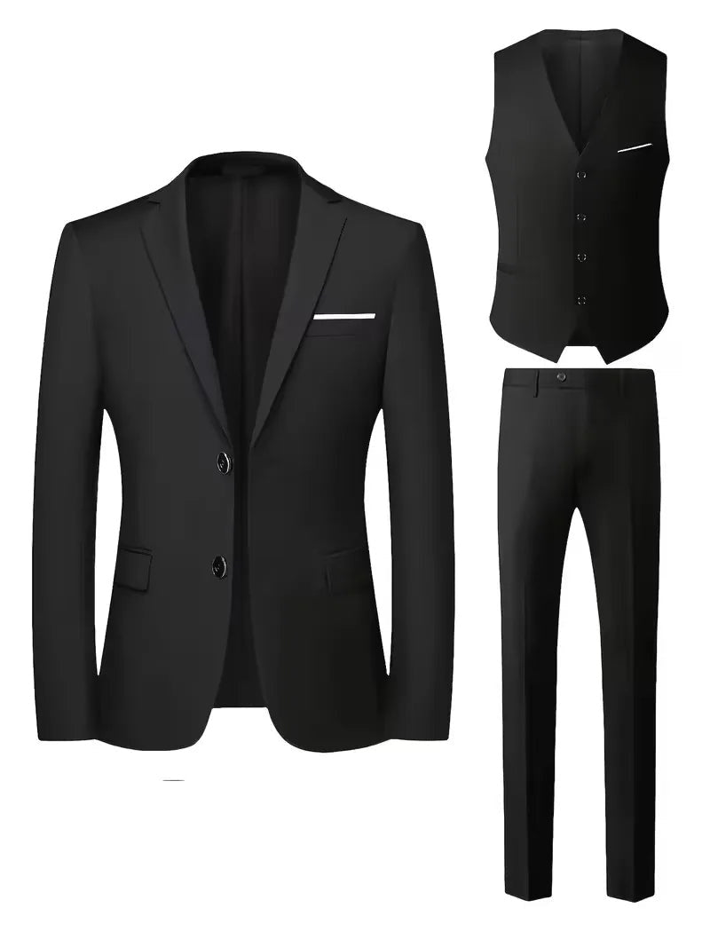 Notch-Lapel Three-Piece Suit with Pointed Waistcoat - Black
