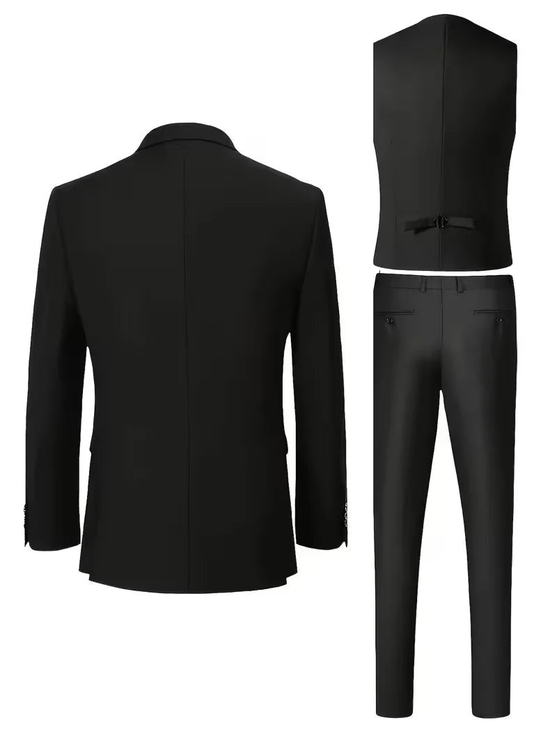 Notch-Lapel Three-Piece Suit with Pointed Waistcoat - Black