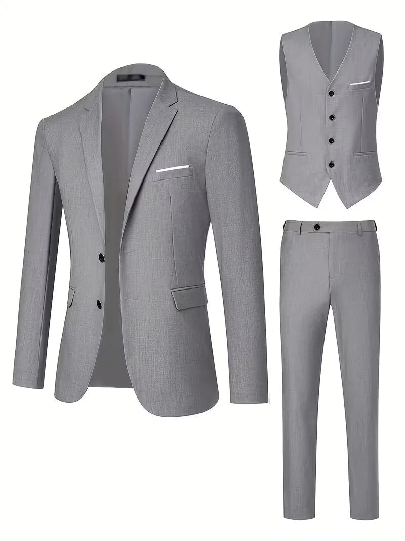 Notch-Lapel Three-Piece Suit with Pointed Waistcoat - Grey