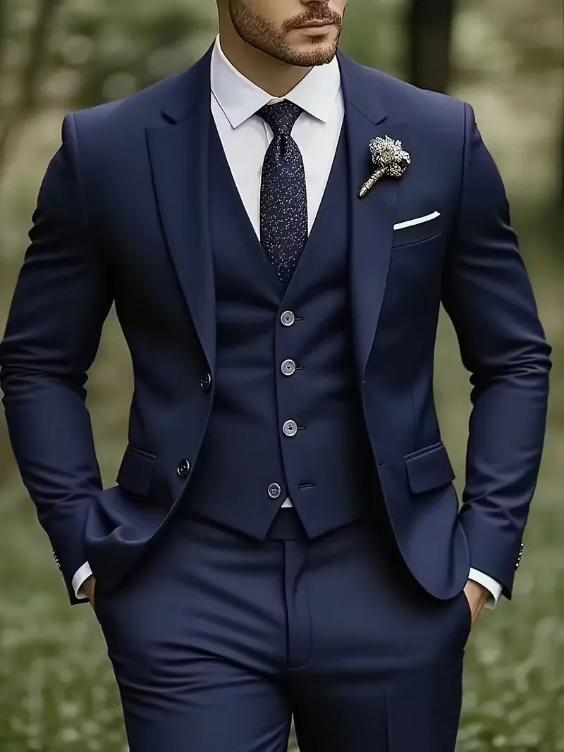 Notch-Lapel Three-Piece Suit with Pointed Waistcoat - Navy Blue