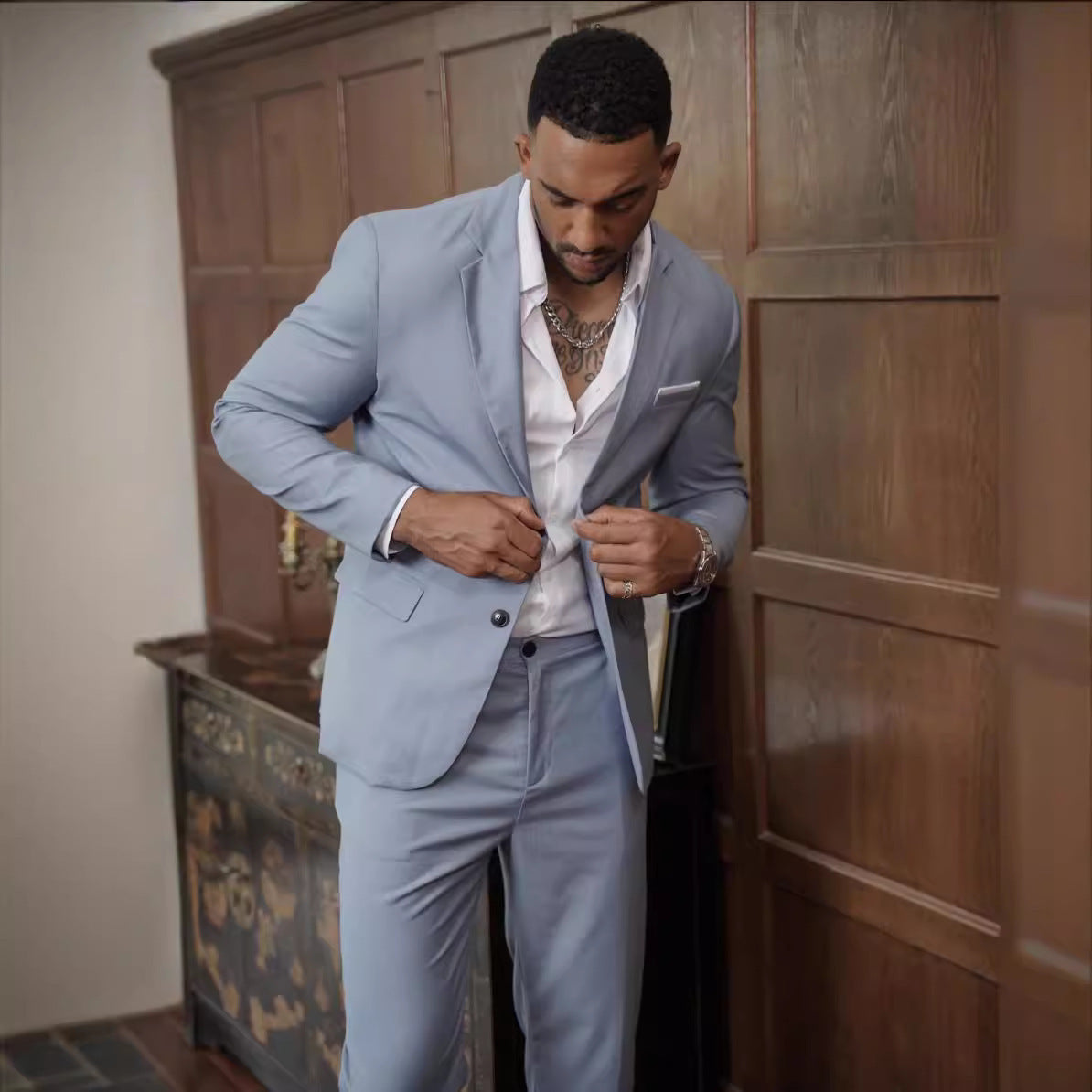 Double-Breasted Suit with Ankle-Length Trousers - Light Blue