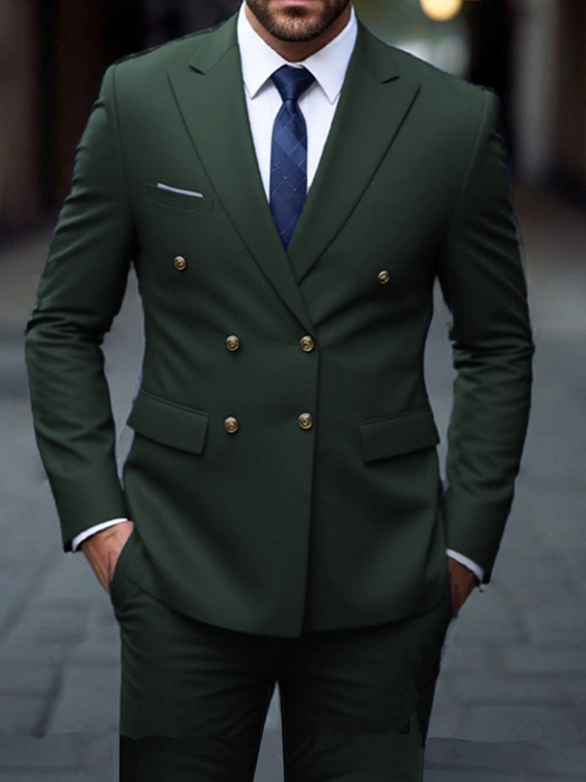 Double-Breasted Two-Piece Suit - Army Green