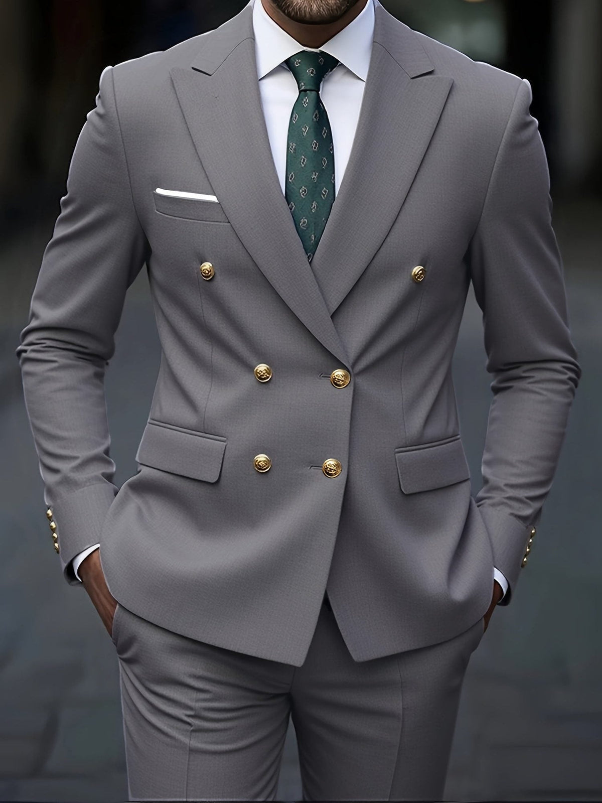 Double-Breasted Two-Piece Suit - Light Grey