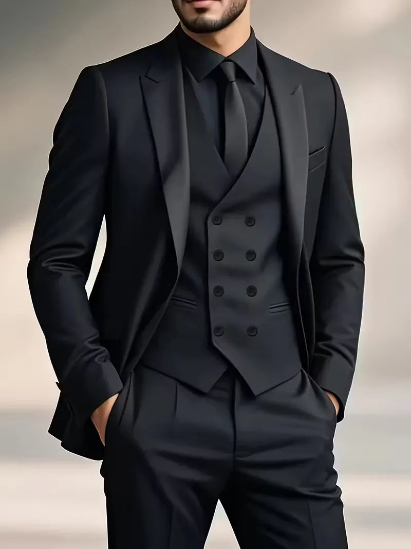 Three-Piece Suit with Double-Breasted Waistcoat - Black