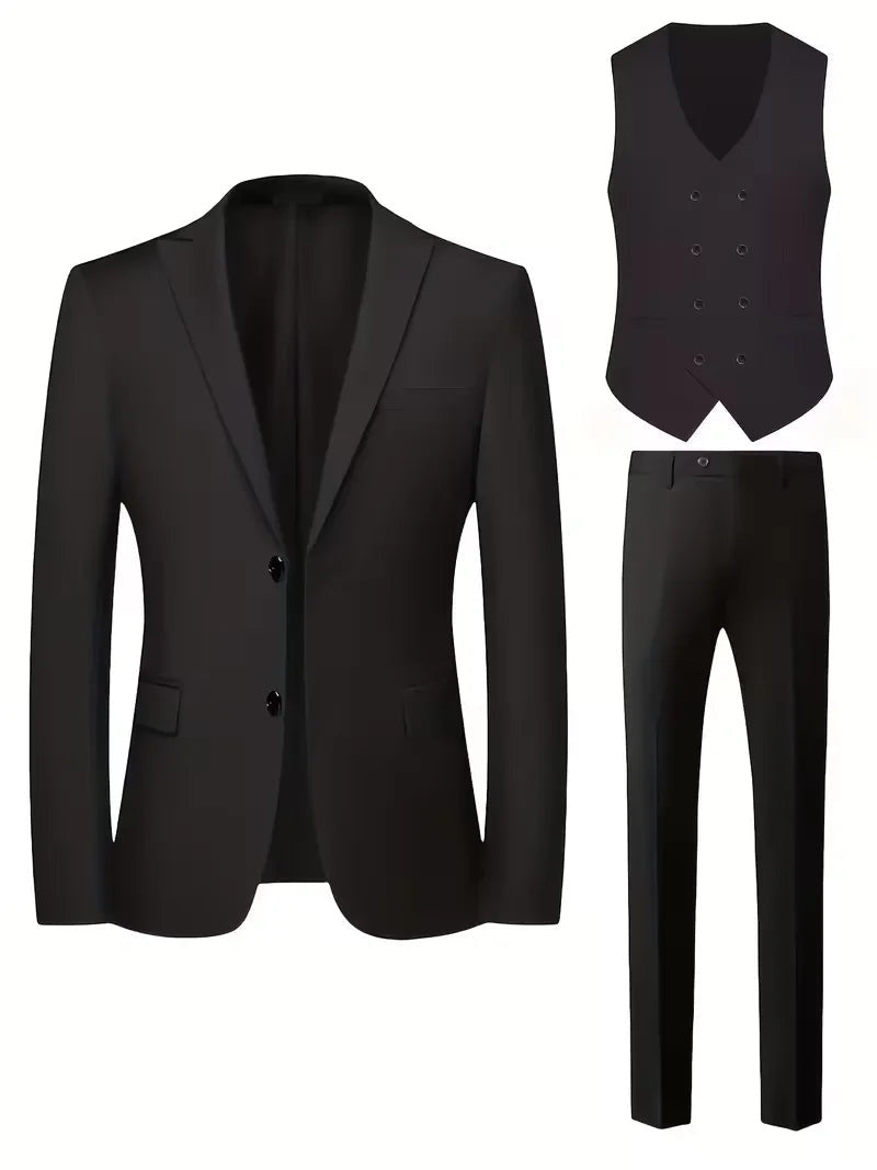 Three-Piece Suit with Double-Breasted Waistcoat - Black