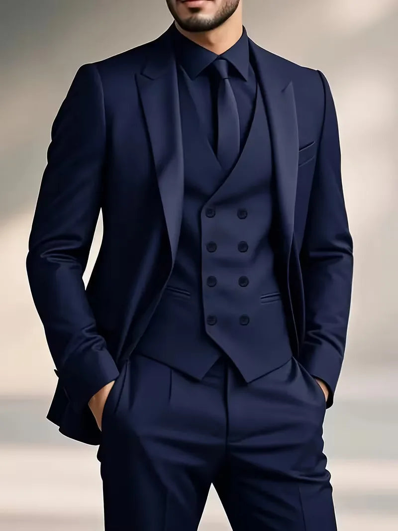 Three-Piece Suit with Double-Breasted Waistcoat - Navy Blue