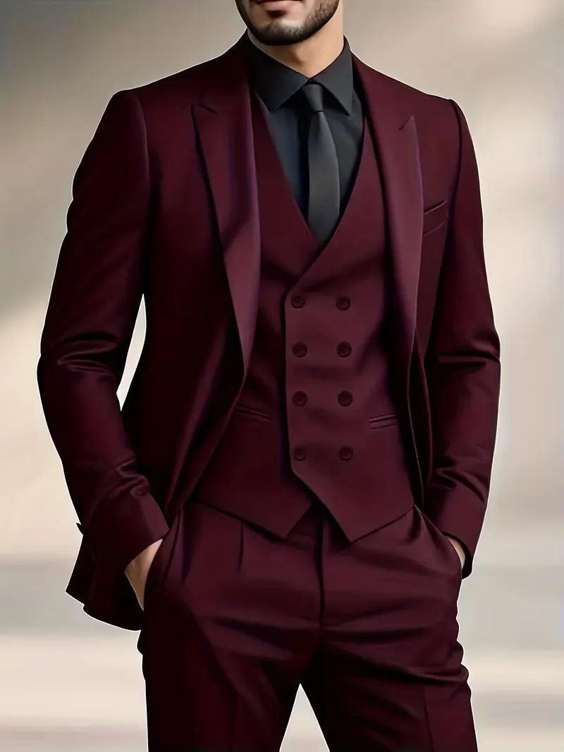 Three-Piece Suit with Double-Breasted Waistcoat - Burgundy