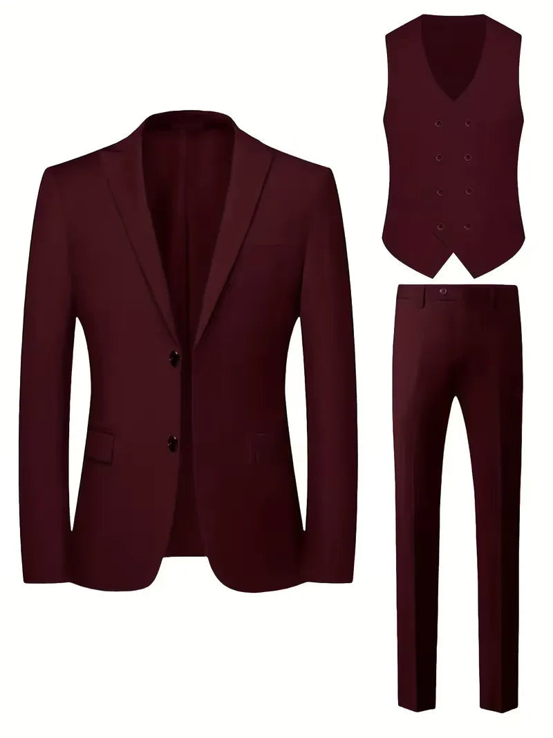 Three-Piece Suit with Double-Breasted Waistcoat - Burgundy