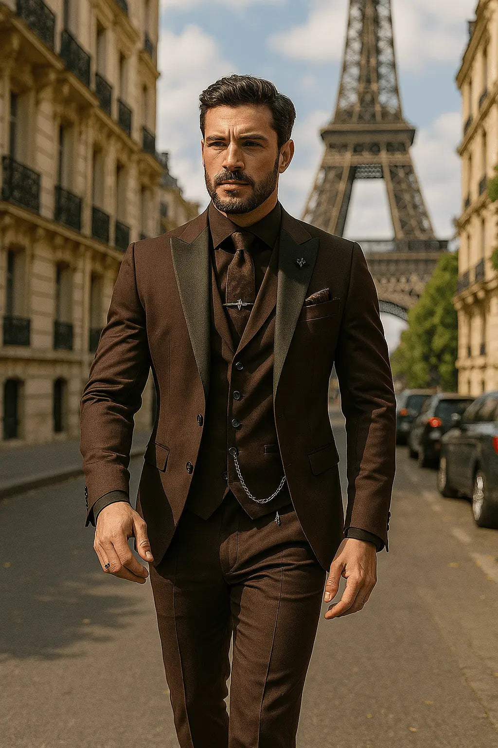 Slim-Fit Notch-Lapel Three-Piece Suit - Coffee