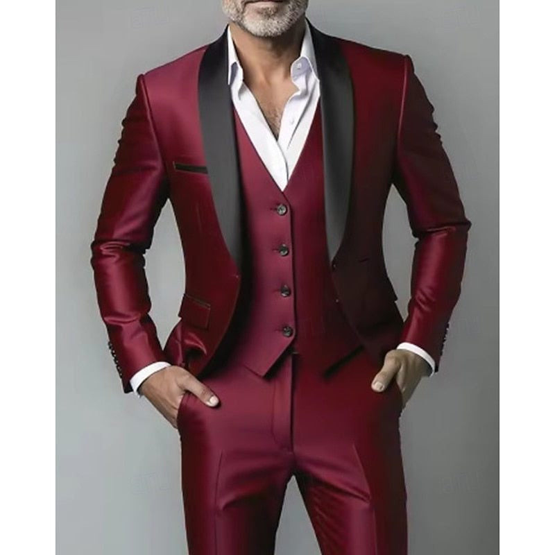 Shawl-Lapel Three-Piece Dinner Suit - Burgundy