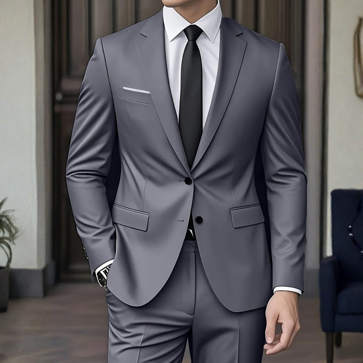 Single-Button Blazer and Trouser Suit - Grey