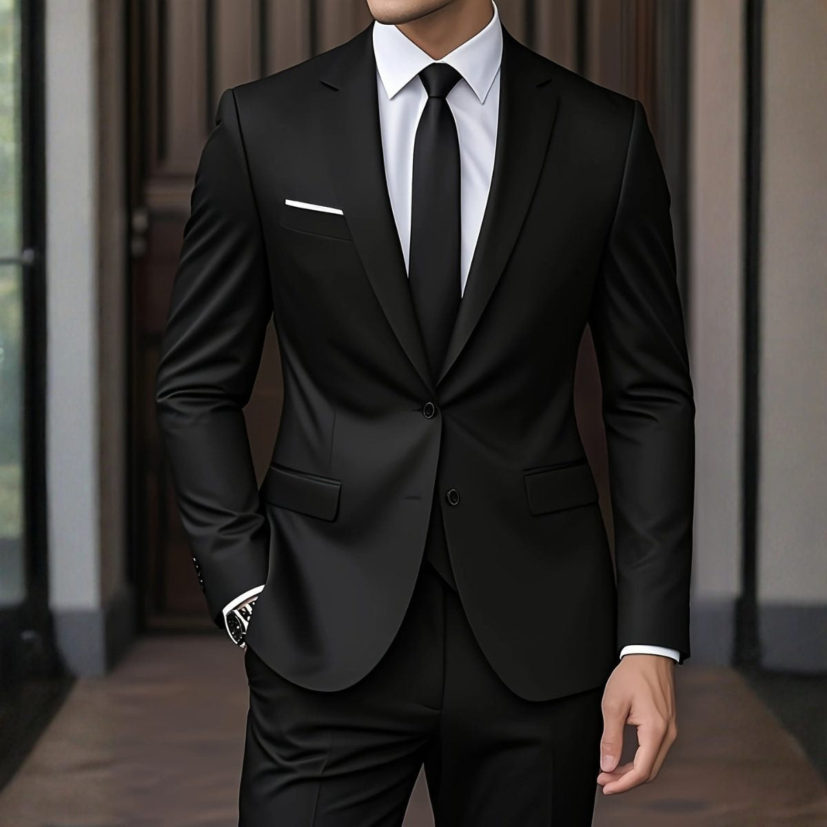 Single-Button Blazer and Trouser Suit - Black