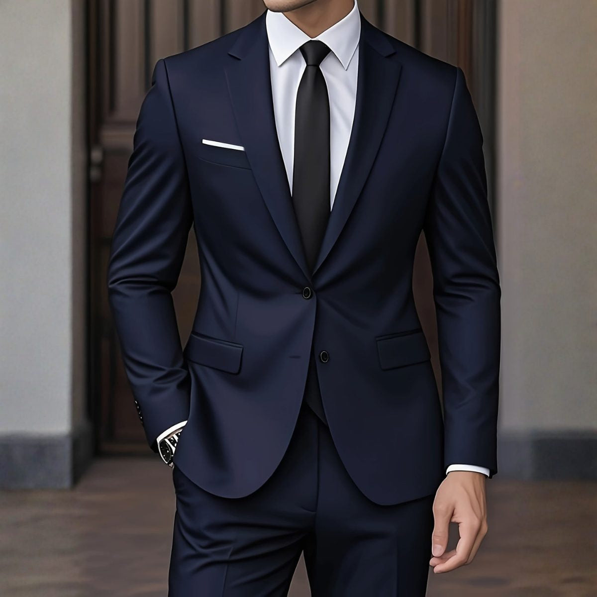 Single-Button Blazer and Trouser Suit - Navy