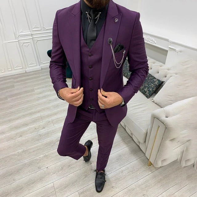 Three-Piece Suit with Contrast-Trim Notch Lapels - Purple