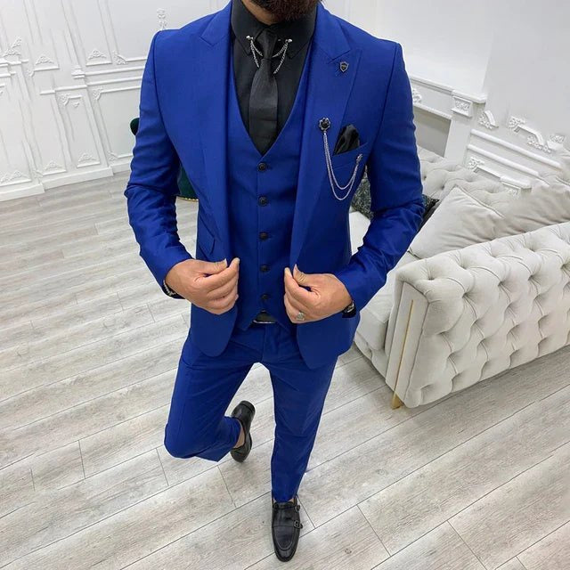 Three-Piece Suit with Contrast-Trim Notch Lapels - Blue