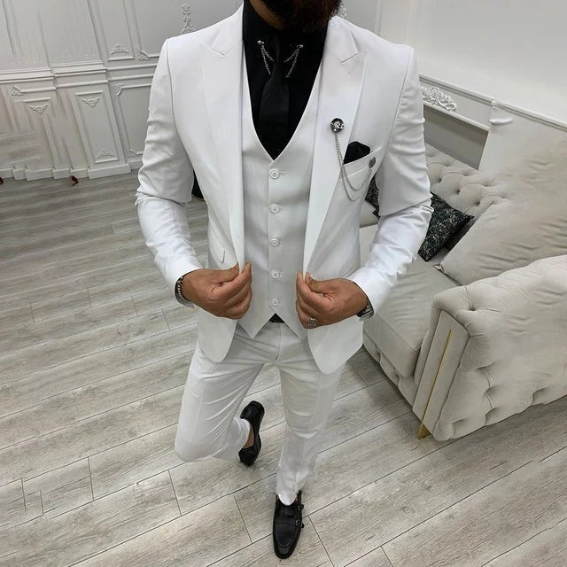 Three-Piece Suit with Contrast-Trim Notch Lapels - White