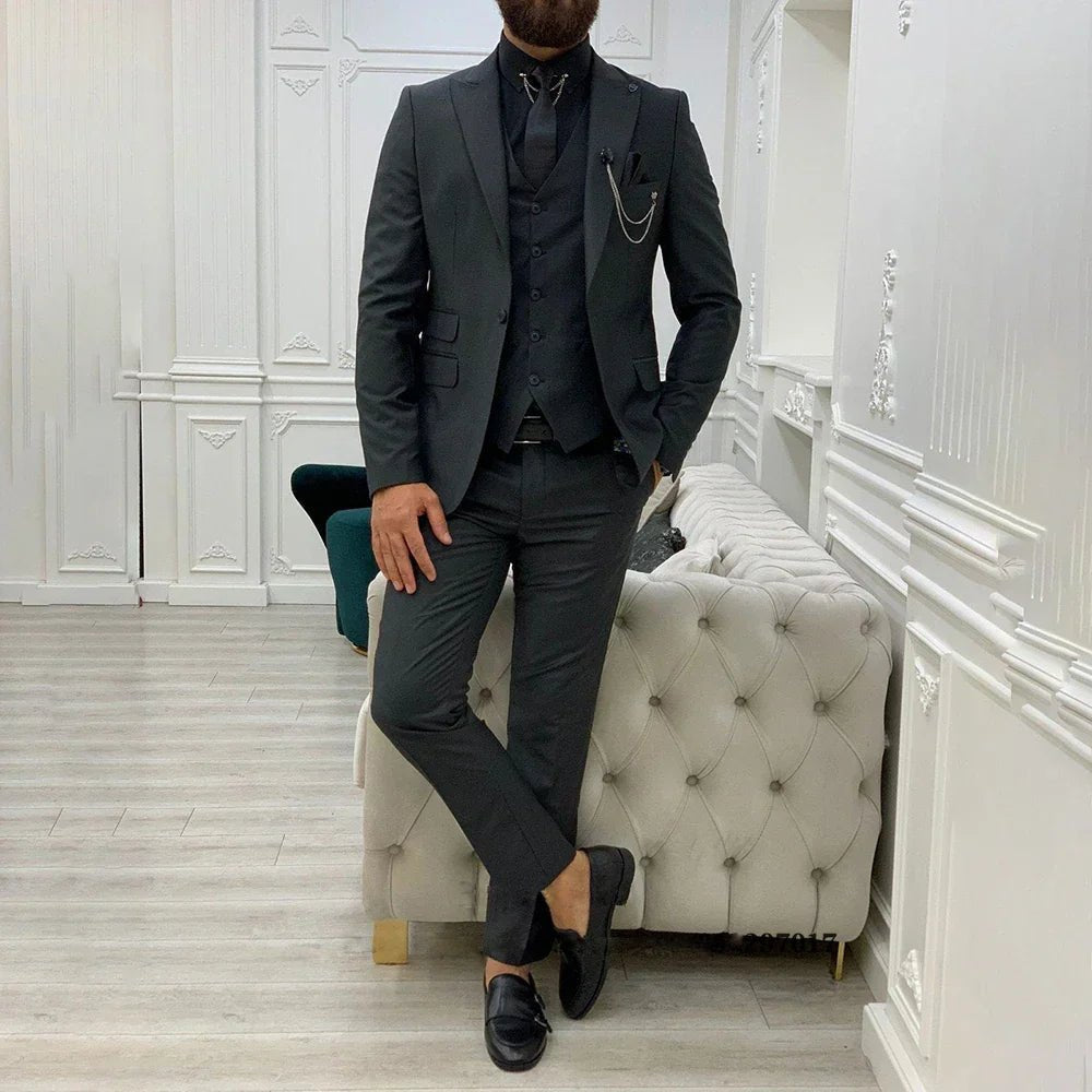 Three-Piece Suit with Contrast-Trim Notch Lapels - Black