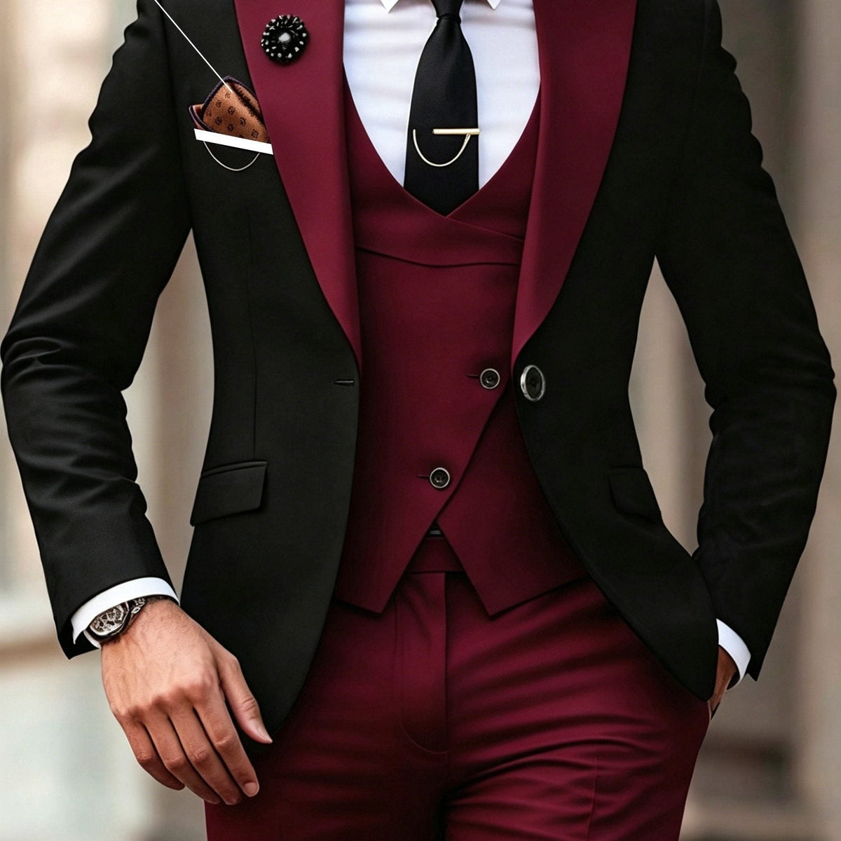 Contrast-Panel Three-Piece Suit - Burgundy
