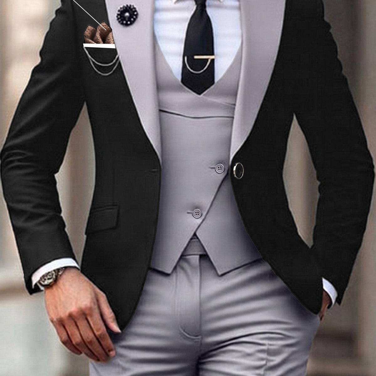 Contrast-Panel Three-Piece Suit - Grey