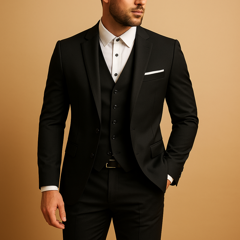 Single-Button Three-Piece Suit with V-Neck Waistcoat - Black