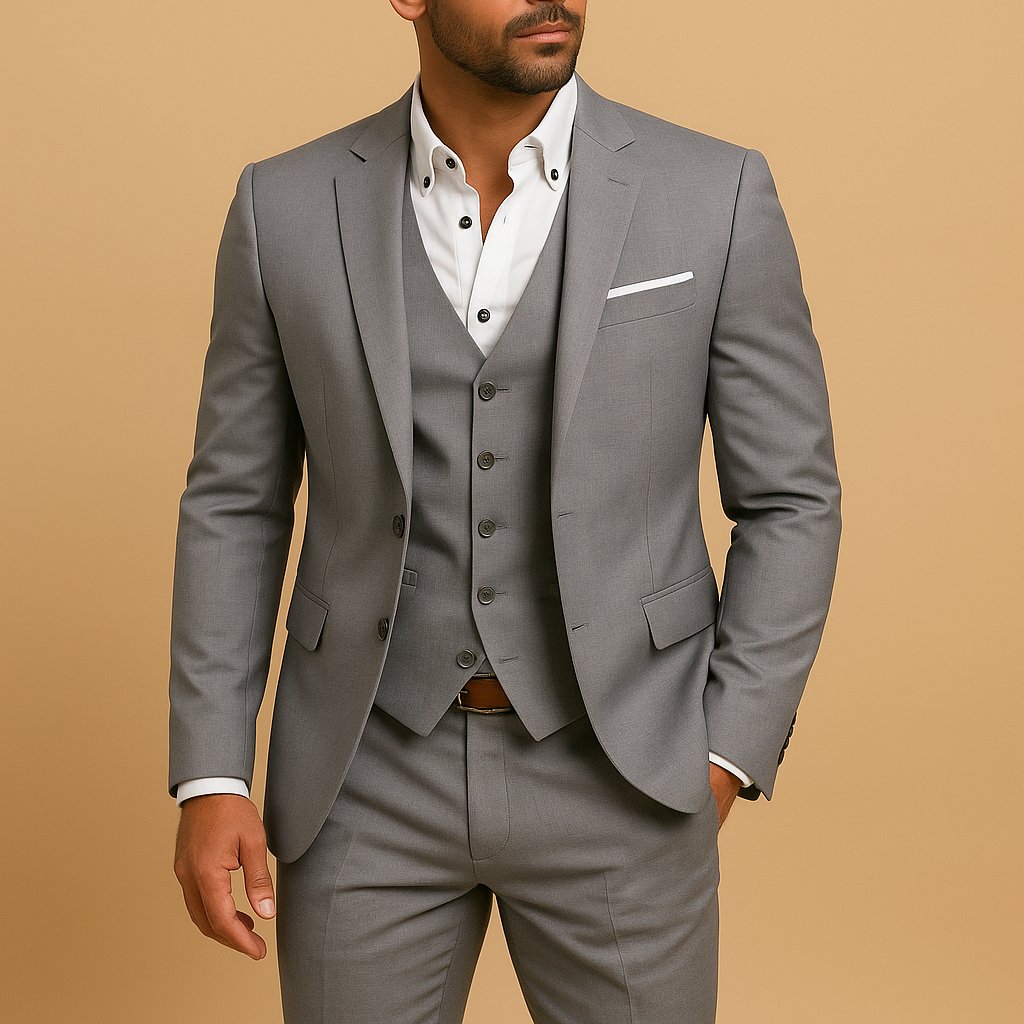 Single-Button Three-Piece Suit with V-Neck Waistcoat - Grey