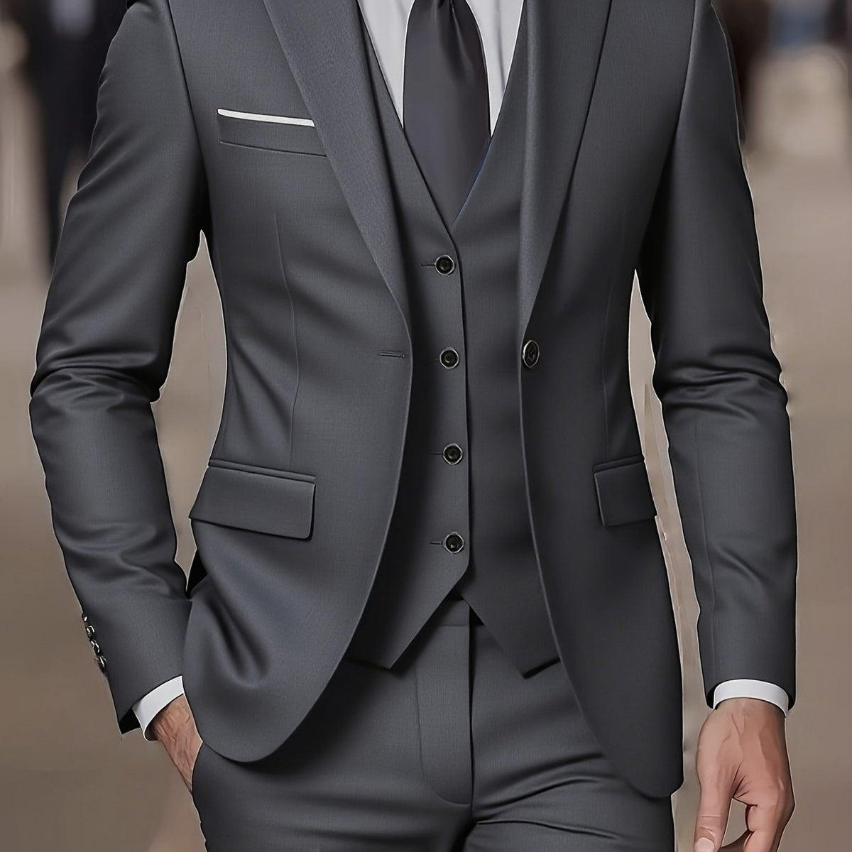 Two-Button Three-Piece Formal Suit - Grey