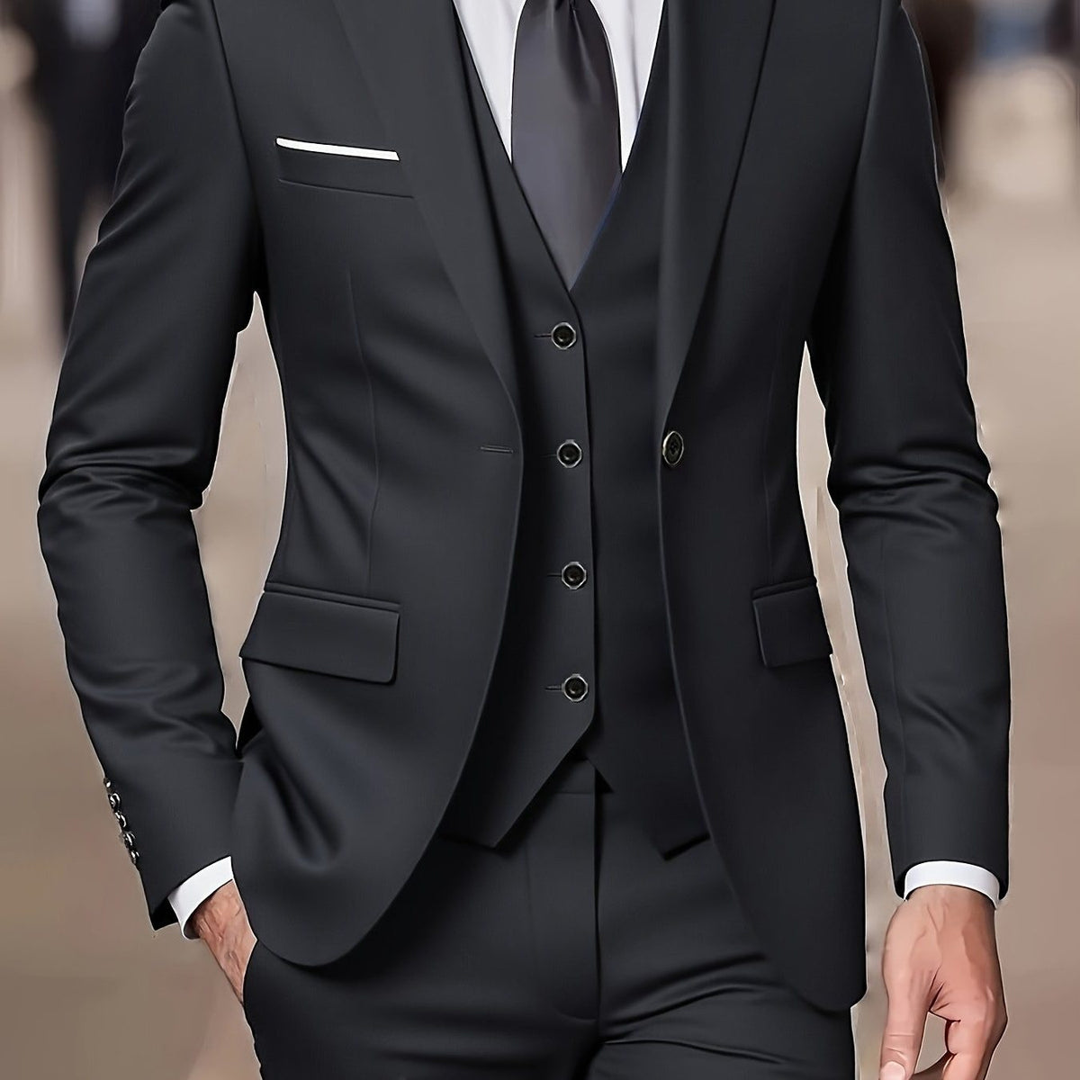 Two-Button Three-Piece Formal Suit - Black