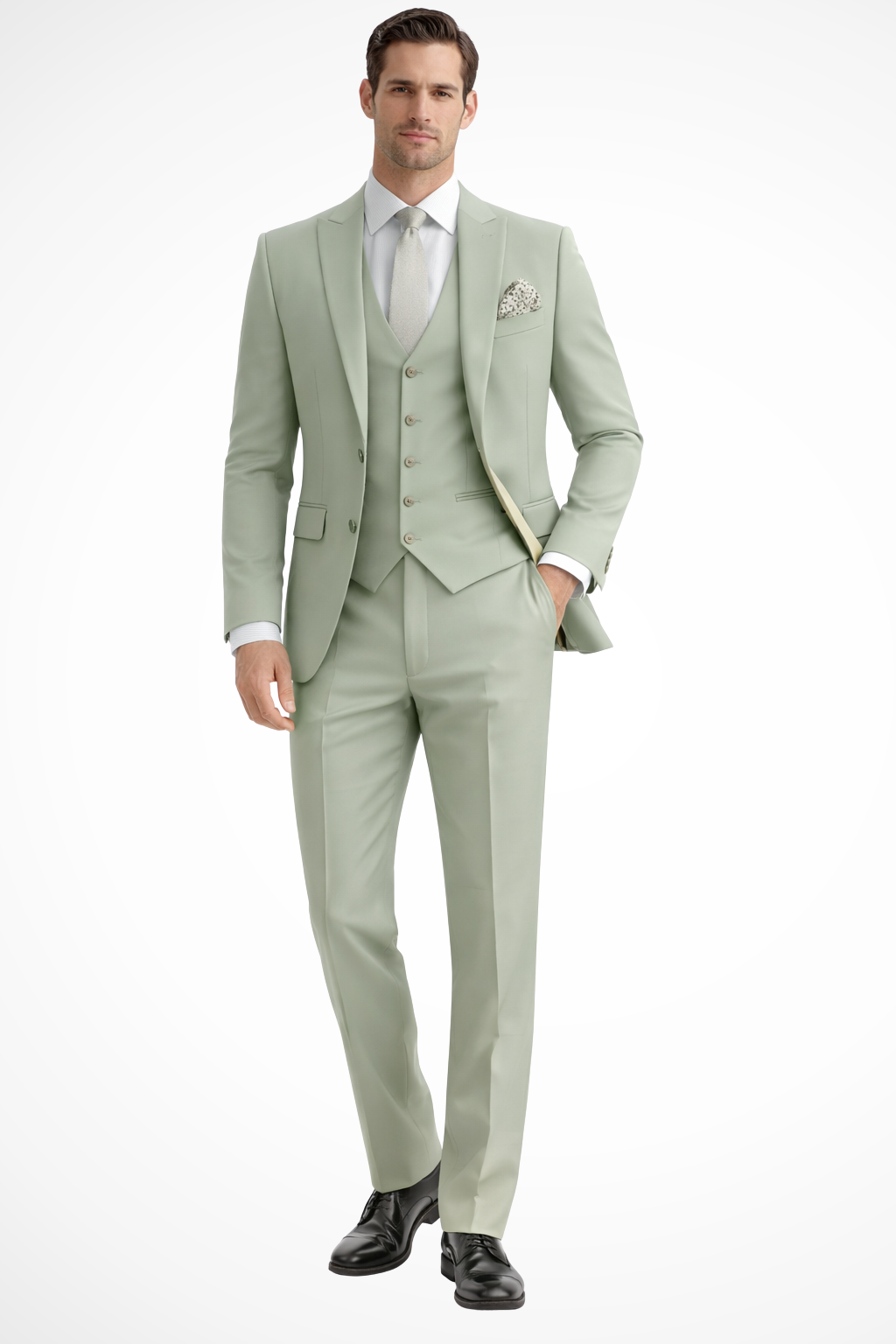 Slim-Fit Three-Piece Suit with Peak Lapels - Sage