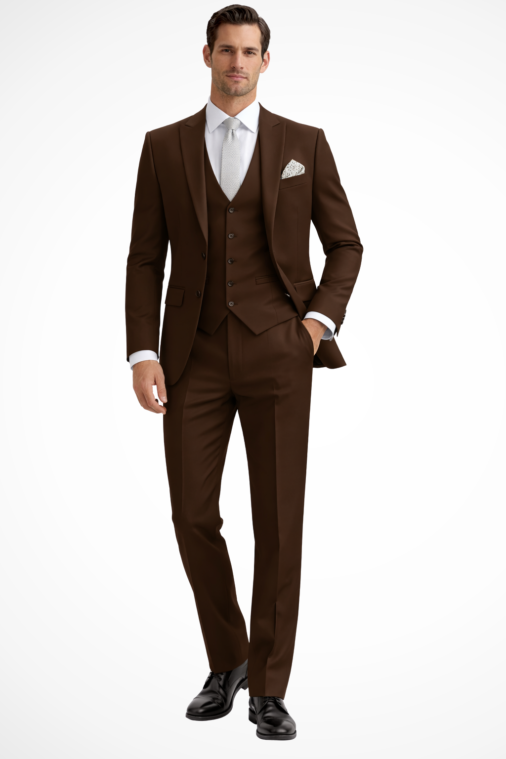 Slim-Fit Three-Piece Suit with Peak Lapels - Brown