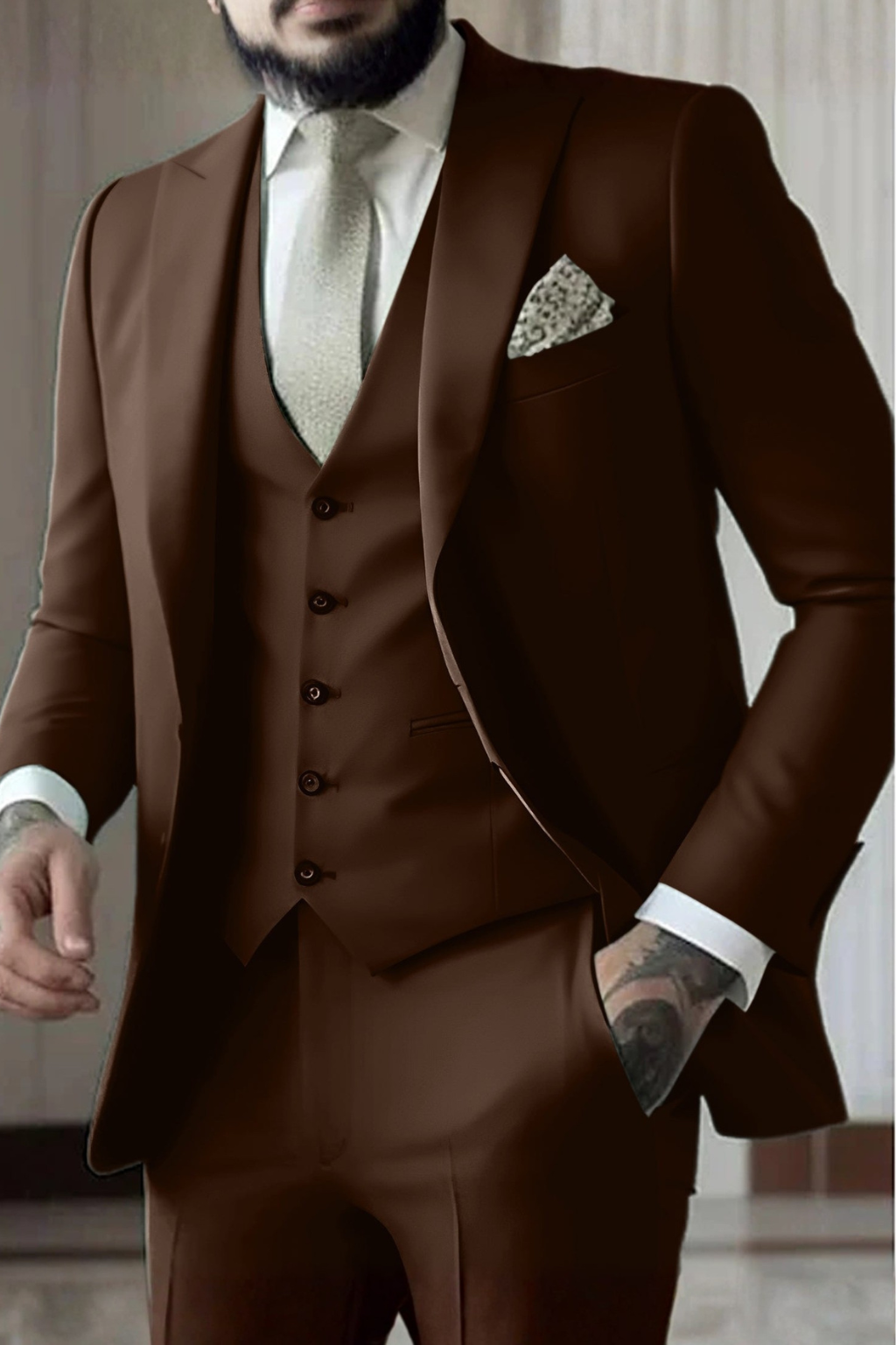 Slim-Fit Three-Piece Suit with Peak Lapels - Brown