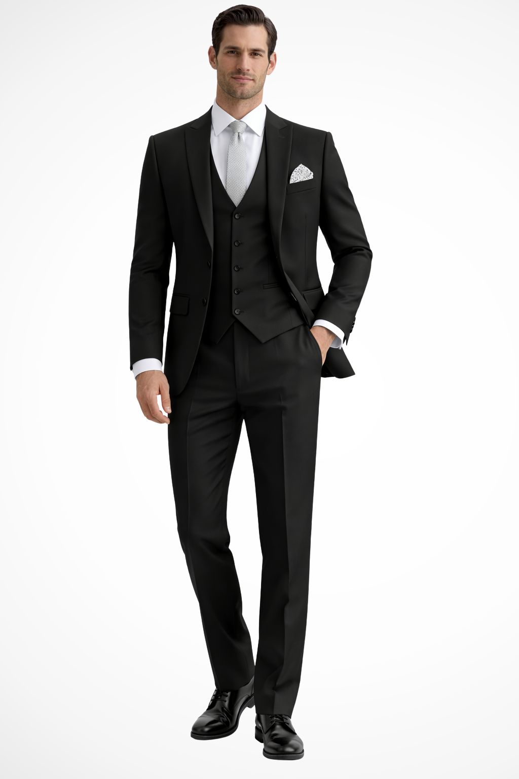 Slim-Fit Three-Piece Suit with Peak Lapels - Black