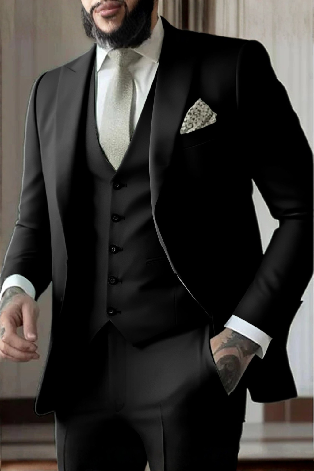 Slim-Fit Three-Piece Suit with Peak Lapels - Black