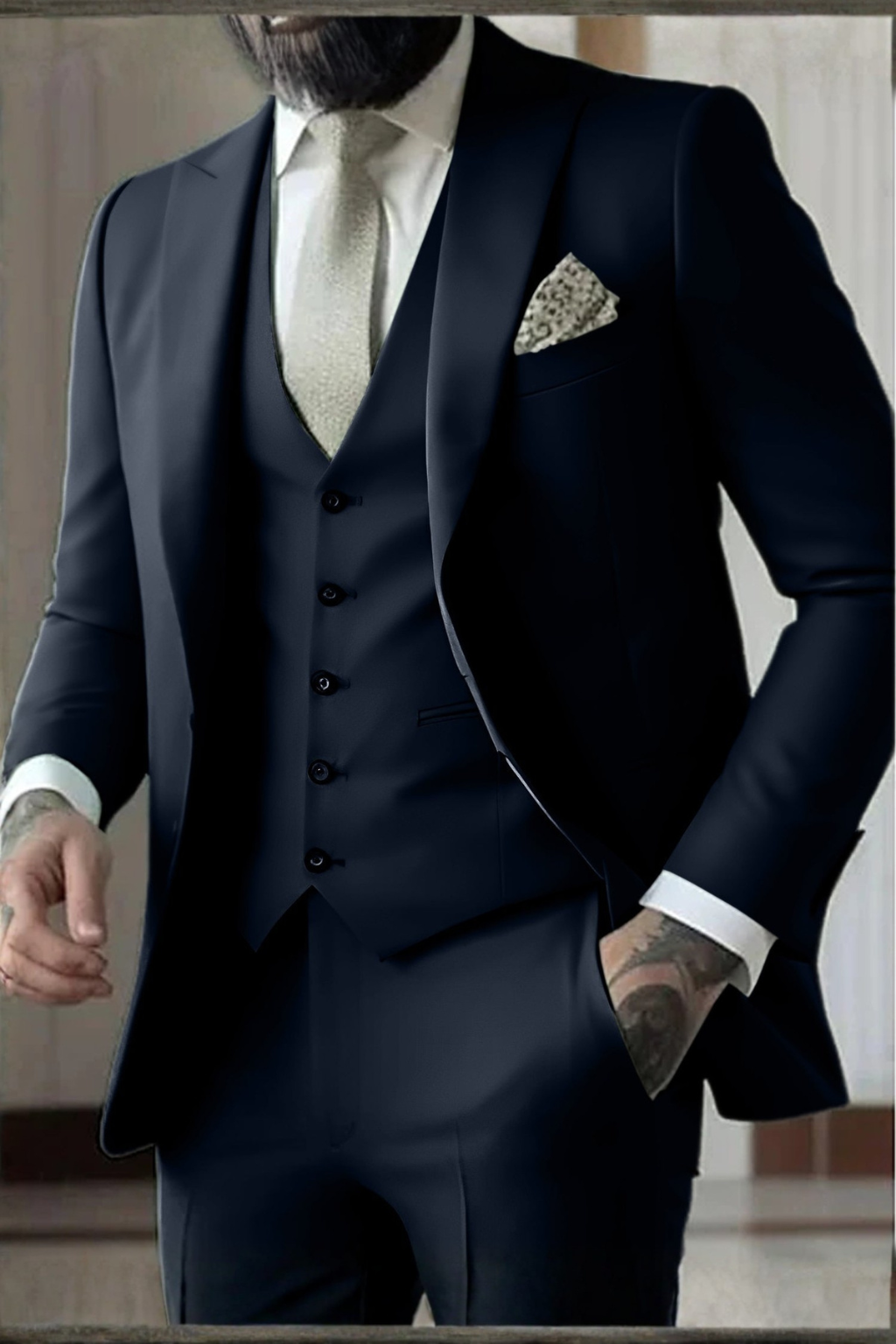 Slim-Fit Three-Piece Suit with Peak Lapels - Dark Navy