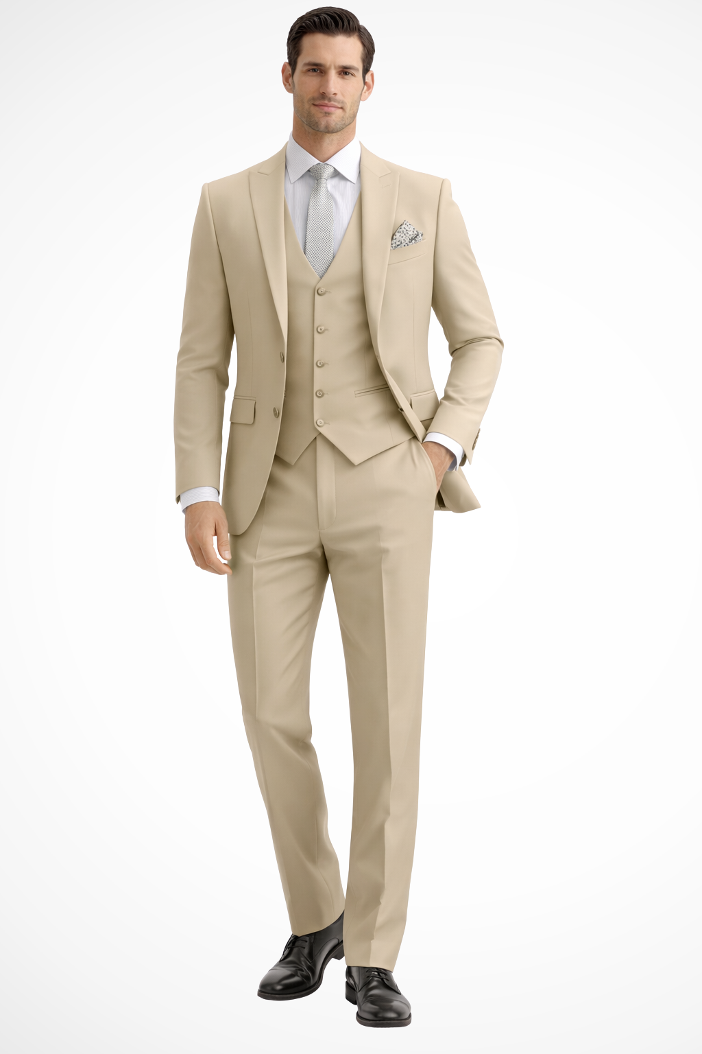 Slim-Fit Three-Piece Suit with Peak Lapels - Champagne