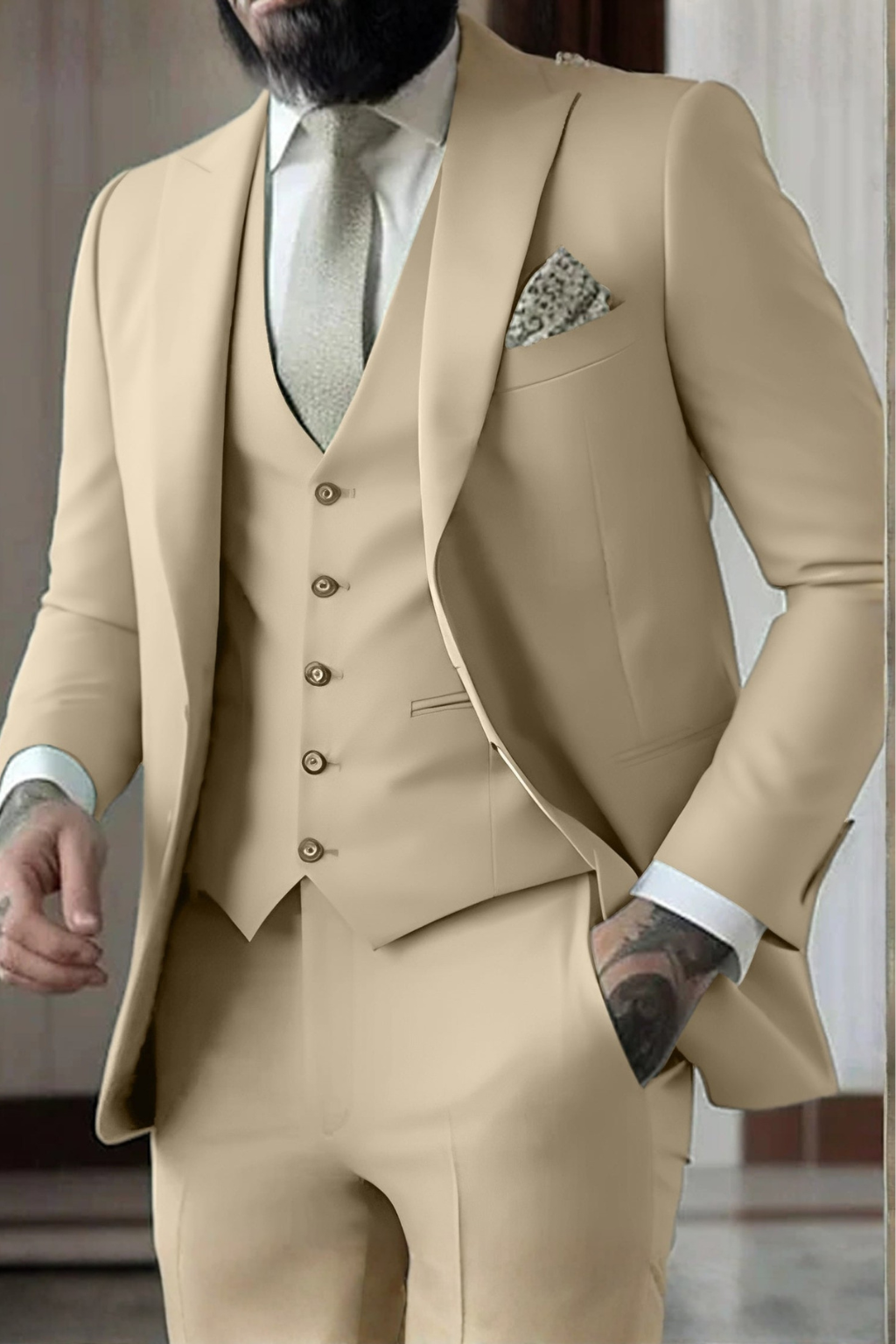Slim-Fit Three-Piece Suit with Peak Lapels - Champagne