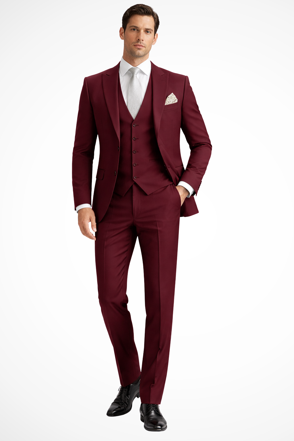 Slim-Fit Three-Piece Suit with Peak Lapels - Burgundy