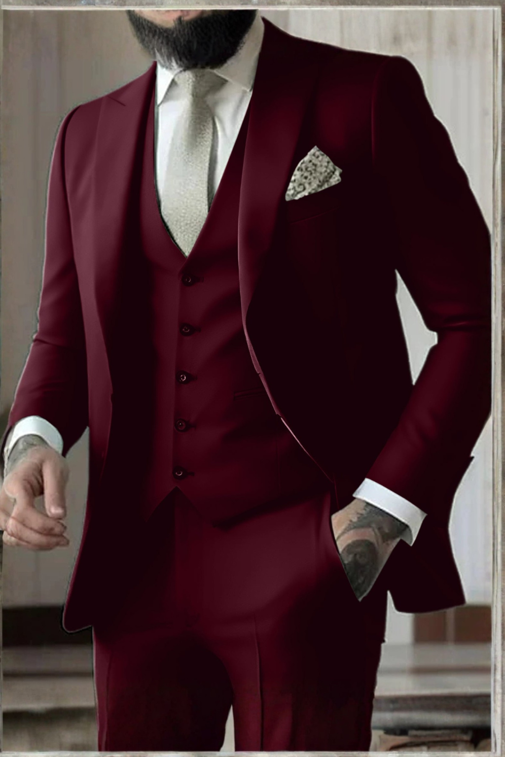 Slim-Fit Three-Piece Suit with Peak Lapels - Burgundy
