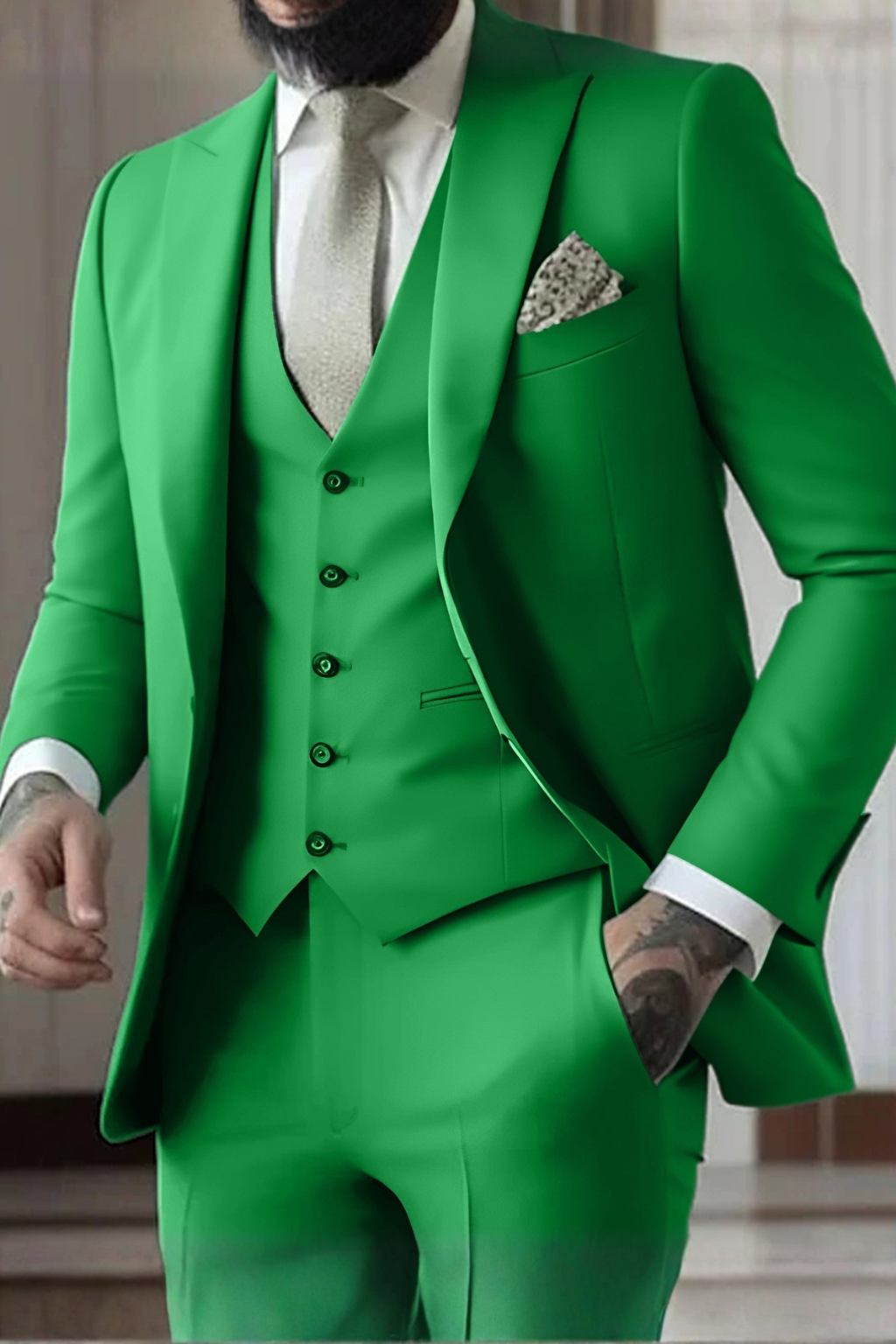 Slim-Fit Three-Piece Suit with Peak Lapels - Lime Green