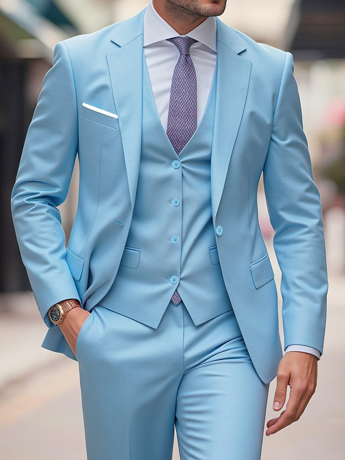 Single-Breasted Three-Piece Wedding Suit - Blue