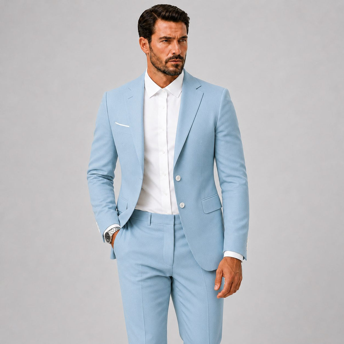 Slim-Fit Two-Button Suit with Straight-Leg Trousers - Light Blue
