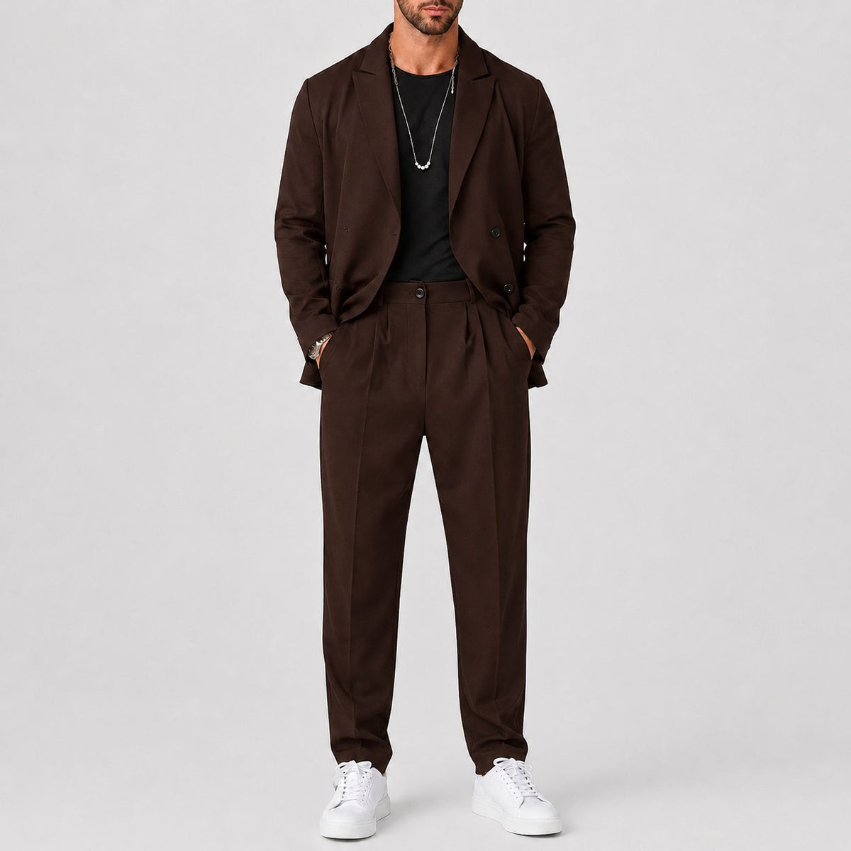 Notch-Lapel Two-Piece Tailored Suit - Brown