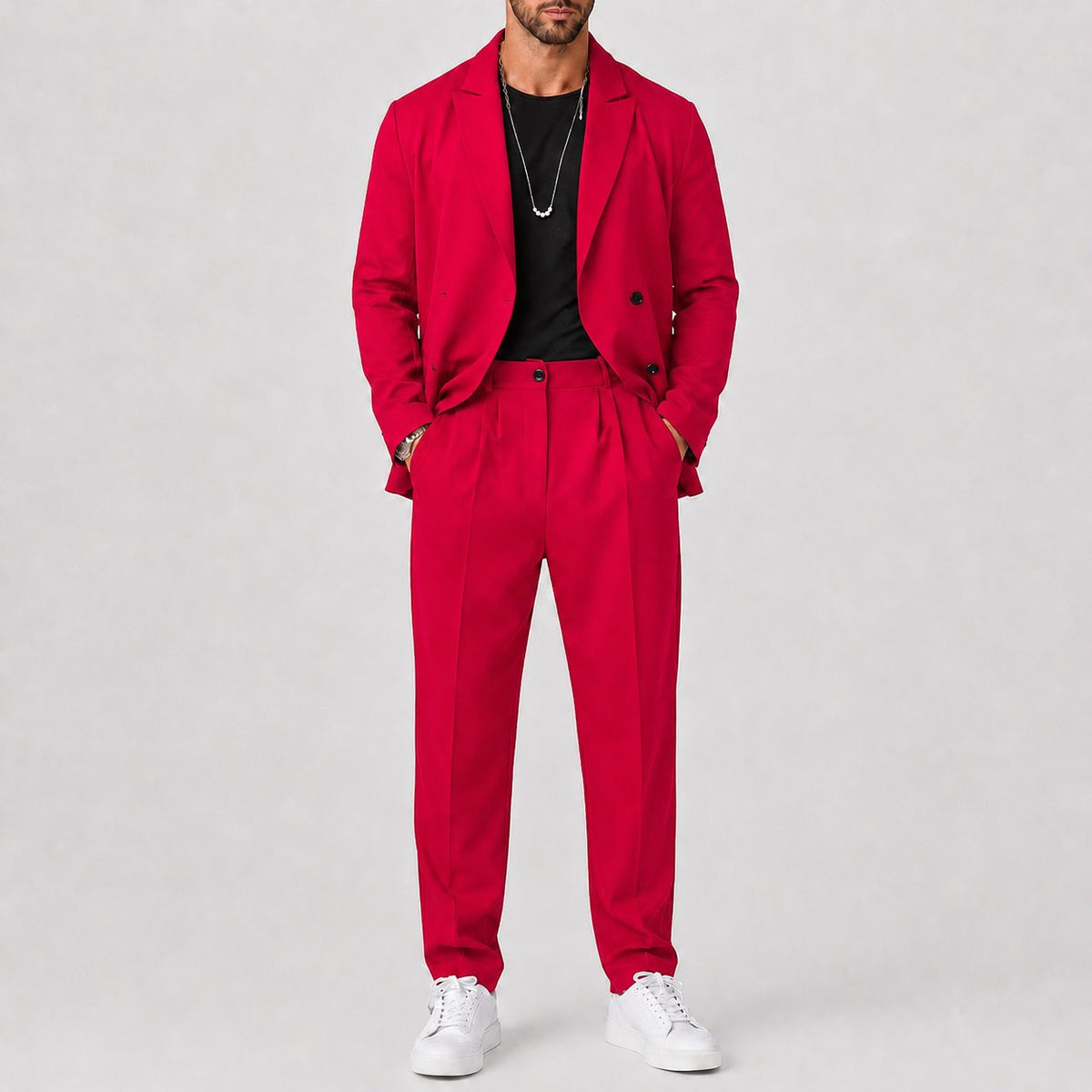 Notch-Lapel Two-Piece Tailored Suit - Red