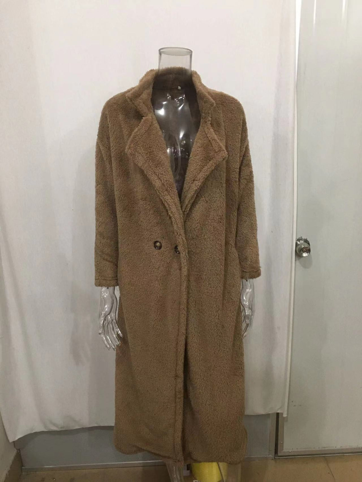 Teddymantel mit langem Schnitt und Reverskragen für Damen - Kamelbraun