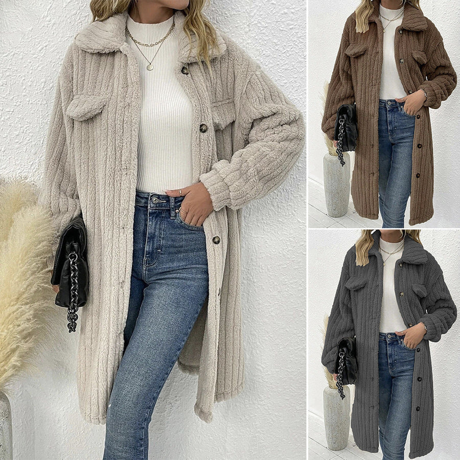 Teddymantel Damen aus Teddy-Fleece, lang, Oversize mit Schalkragen
