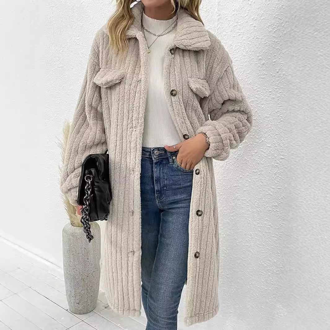 Teddymantel mit Rippstruktur und Brusttaschen für Damen