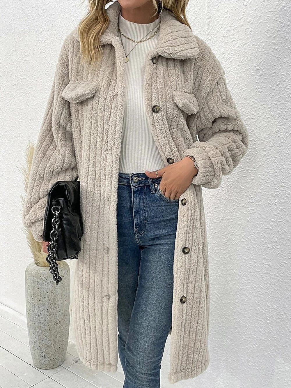 Teddymantel mit Rippstruktur und Brusttaschen für Damen - Aprikose