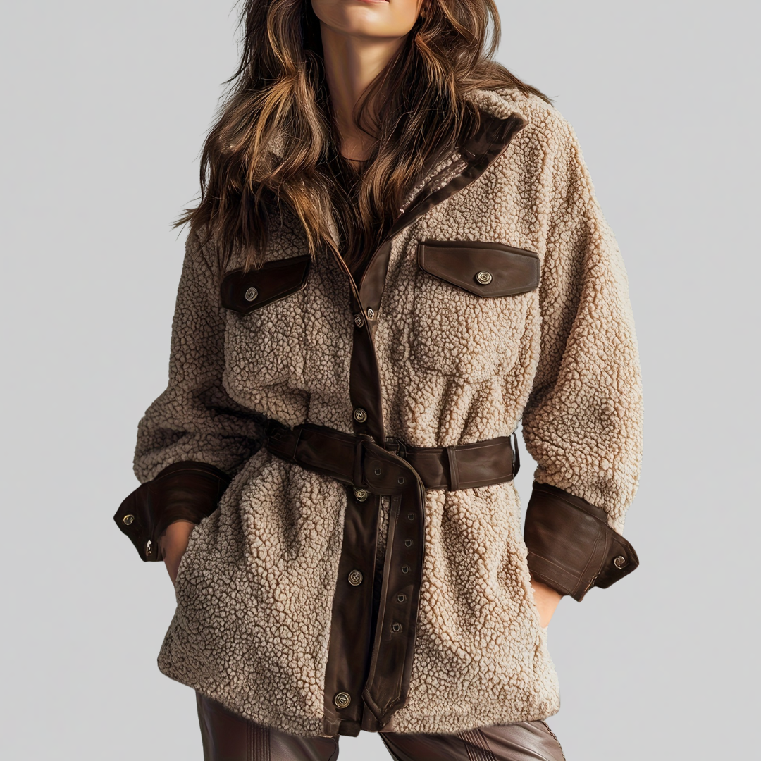 Teddyjacke mit Gürtel und Knopfleiste für Damen